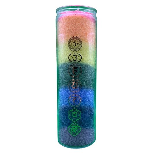 Rainbow Chakra Candle in glass holder with seven colour layers, scented with Honeysuckle & Cedar.