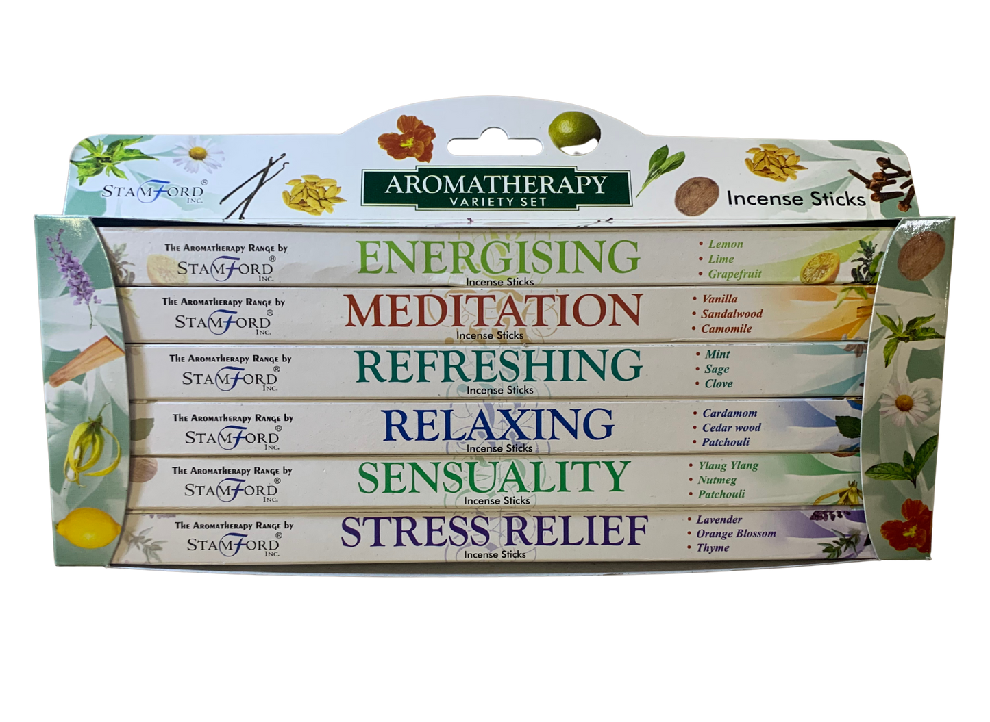 Stamford Aromatherapy Incense Gift Pack – 6 scents (Meditation, Energising, Sensuality, Refreshing, Stress Relief, Relaxing) – 6×8 sticks