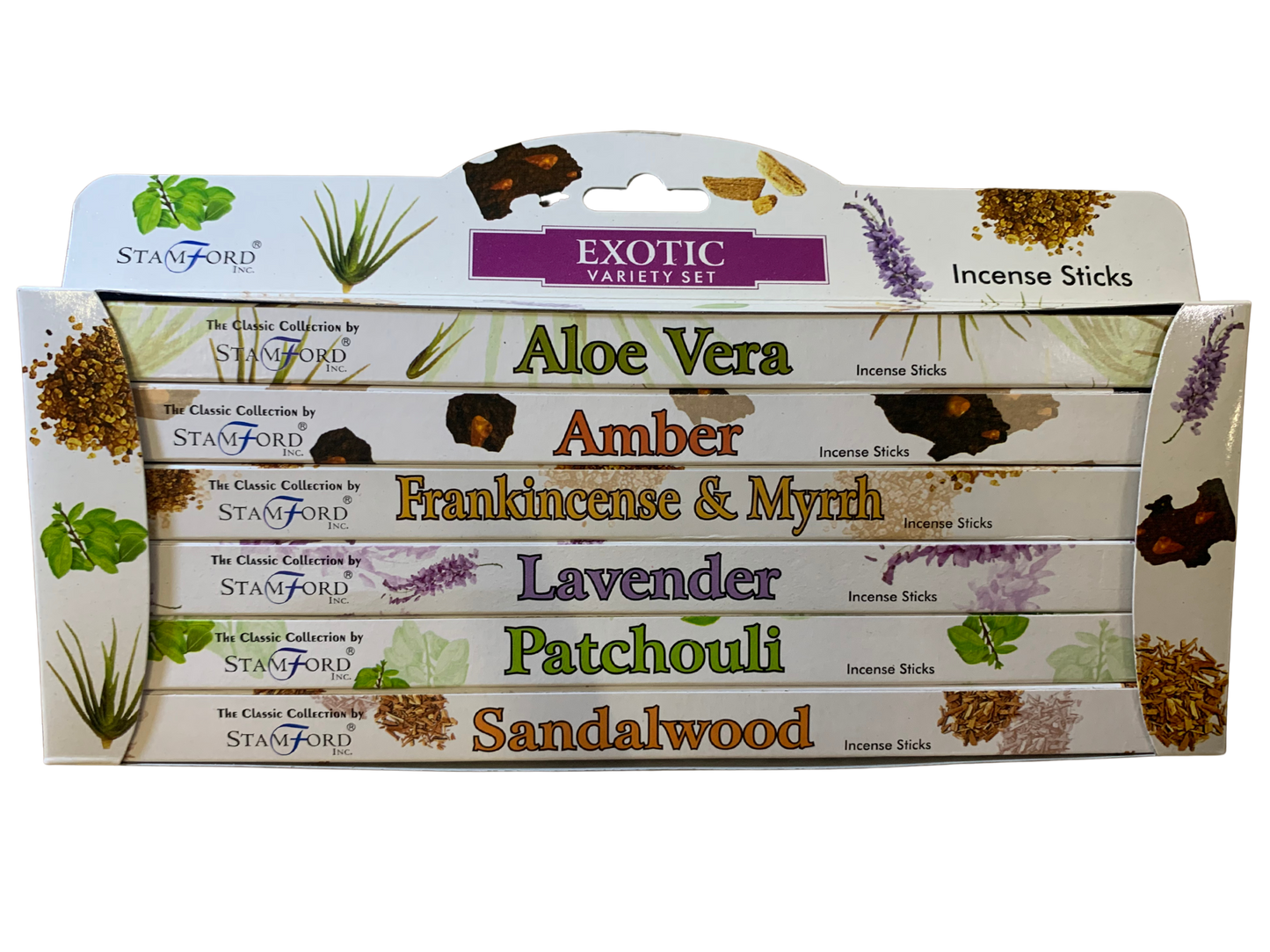 Stamford Exotic Incense Gift Set – 6 assorted scents (Patchouli, Aloe Vera, Amber, Lavender, Sandalwood, Frankincense & Myrrh) – 6×8 sticks