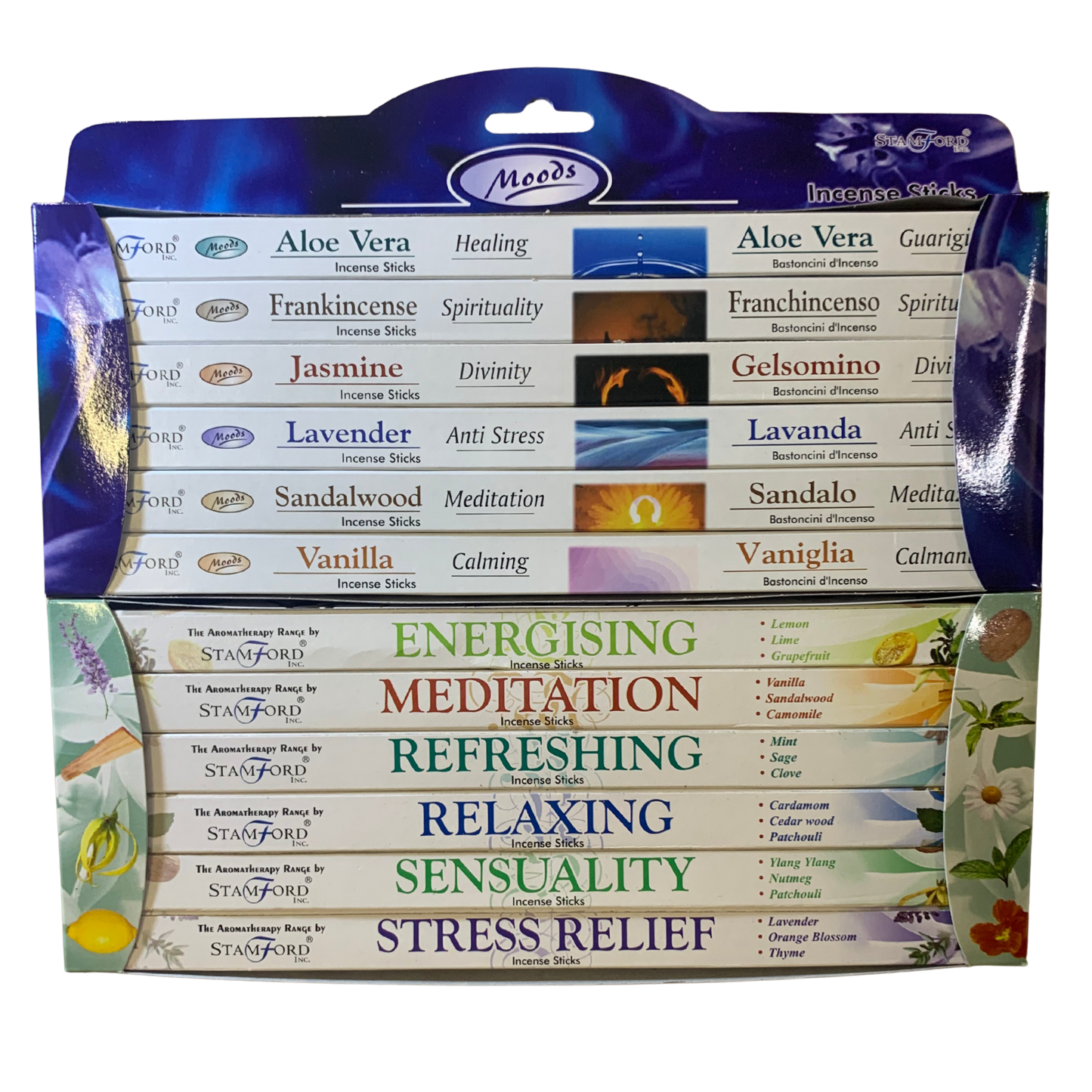 Stamford Value Gift Set of 96 – Moods & Aromatherapy incense (Aloe Vera, Frankincense, Jasmine, Lavender, Sandalwood, Vanilla, Meditation, Energising, Sensuality, Refreshing, Stress Relief, Relax)