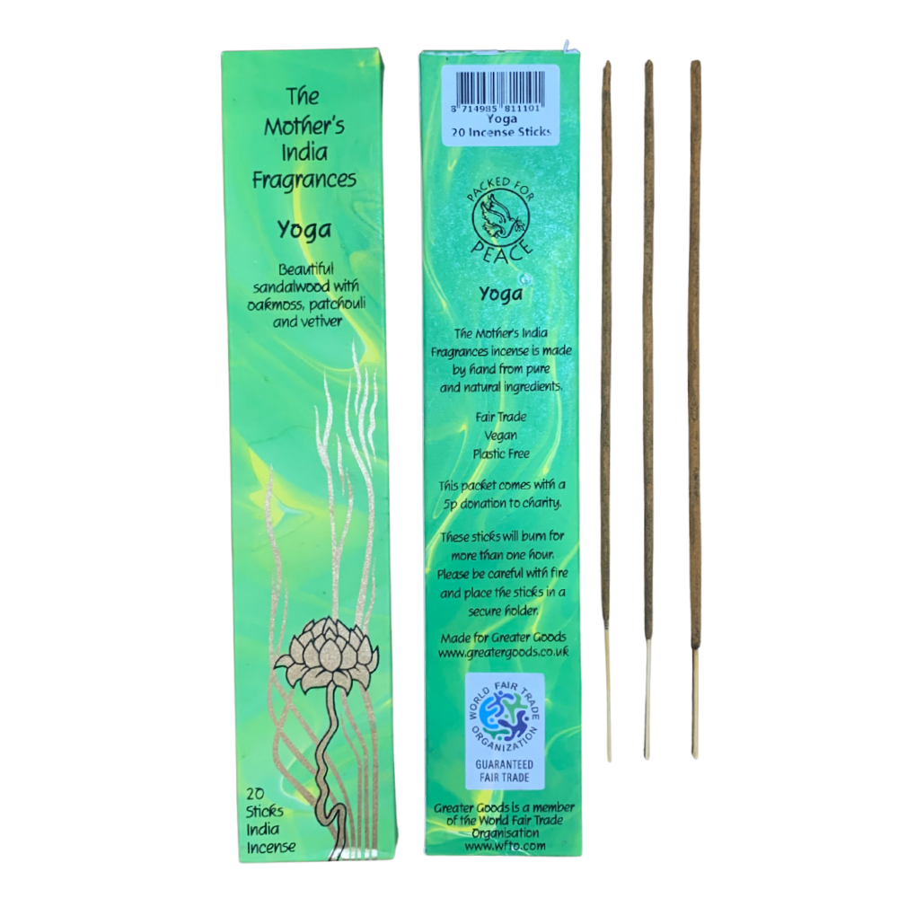 Mother's India Yoga Incense - Sandalwood, Patchouli & Vetiver Blend (20 Sticks) Fair Trade