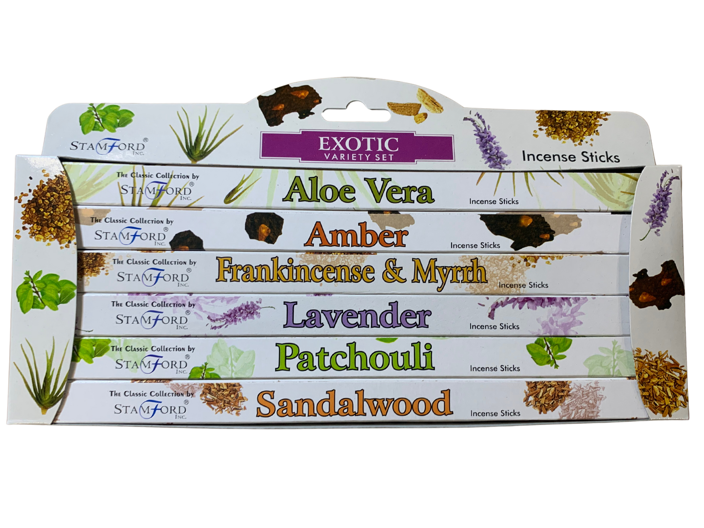 Stamford Exotic Incense Gift Set – 6 assorted scents (Patchouli, Aloe Vera, Amber, Lavender, Sandalwood, Frankincense & Myrrh) – 6×8 sticks