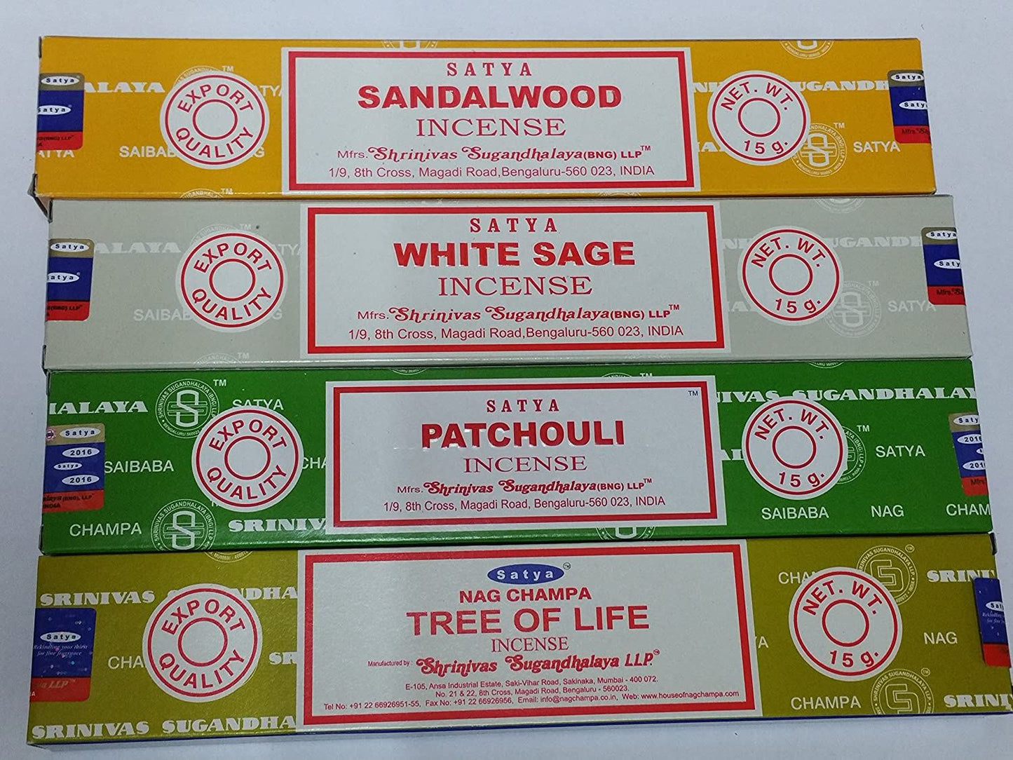 Satya Set Of 4 -Tree Of Life, Patchouli, Sandalwood, White Sage