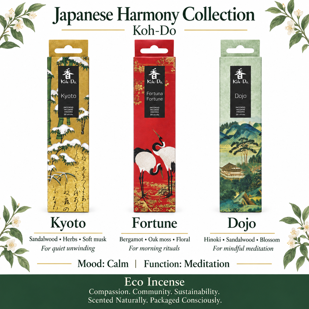 Koh-Do Harmony Incense Set – 3 Packs (Kyoto · Dojo · Fortune)