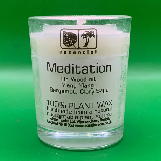 Meditation Votive Candle made from plant wax with Ho Wood, Ylang Ylang & Clary Sage in a recycled glass holder.