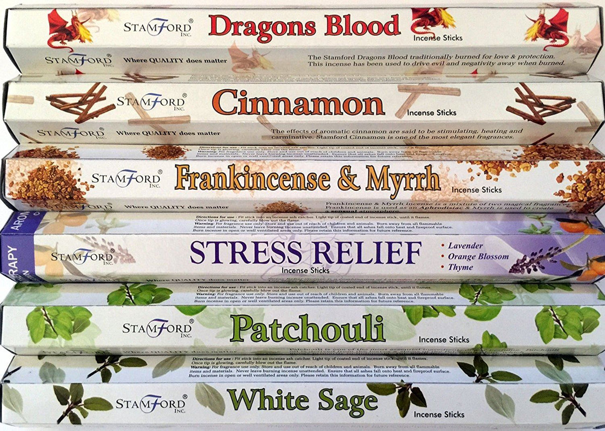 Stamford Premium Hex Range - Dragons blood, Cinnamon, Frankincense & myrrh, Stress Relief, Patchouli & White Sage Incense gift pack.