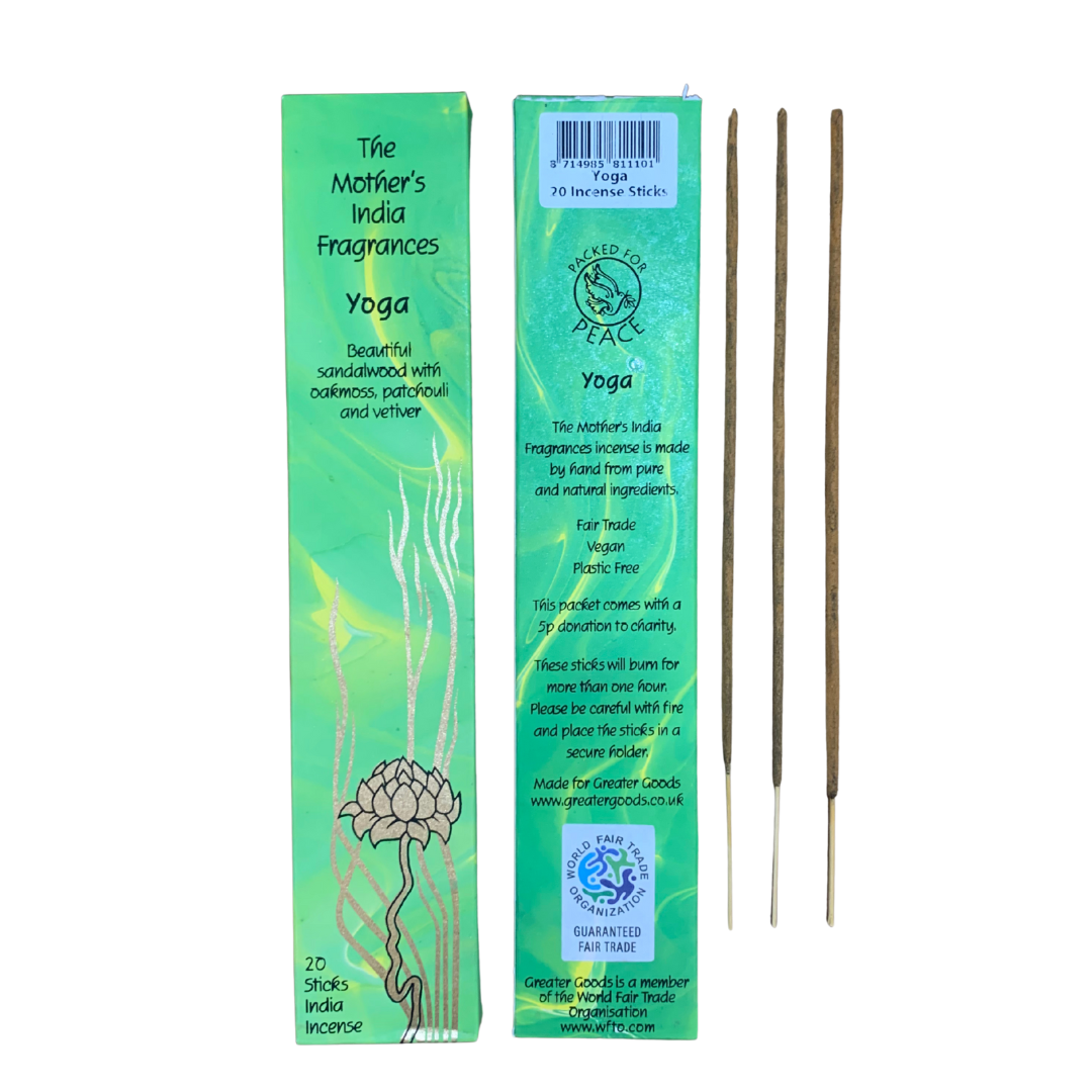 Mother's India Yoga Incense - Sandalwood, Patchouli & Vetiver Blend (20 Sticks) Fair Trade Mother's India