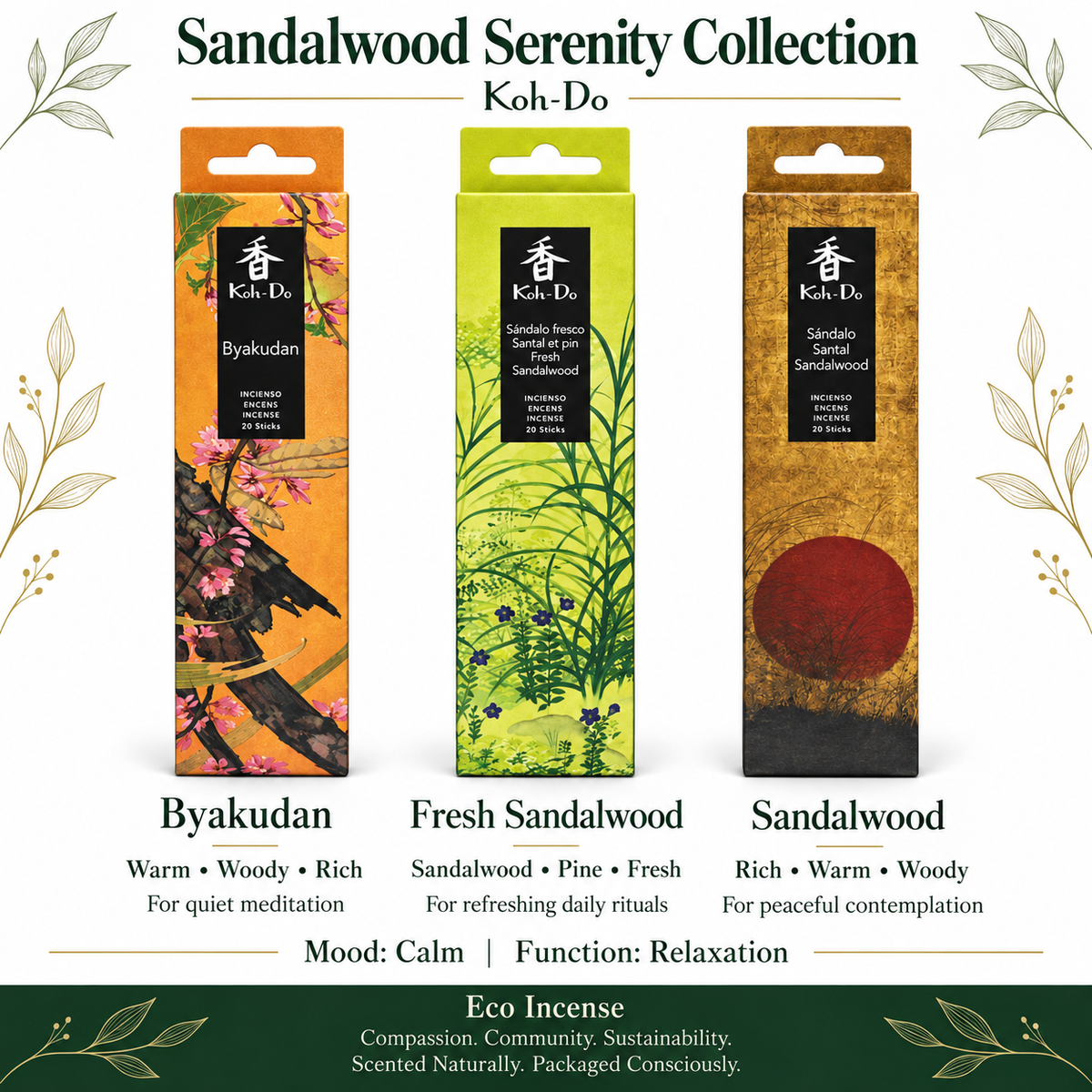 Koh-Do Sandalwood Serenity Incense Set – 3 Packs (Byakudan · Sandalwood · Fresh Sandalwood)