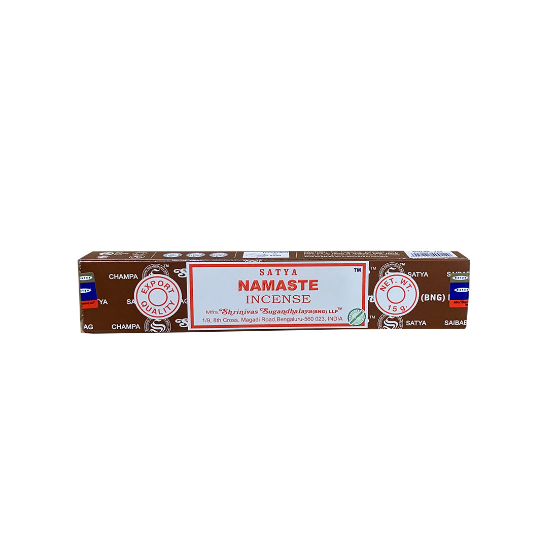Box of Satya Namaste Incense on a white background. Satya Namaste Incense Sticks – floral earthy calming aroma for yoga, meditation, mindfulness and spiritual harmony – 15g hand-rolled box