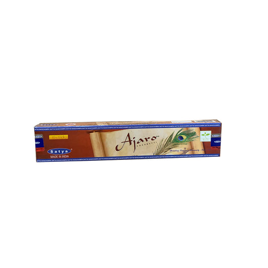 Box of Ajara Incense with a peacock feather design on a white background