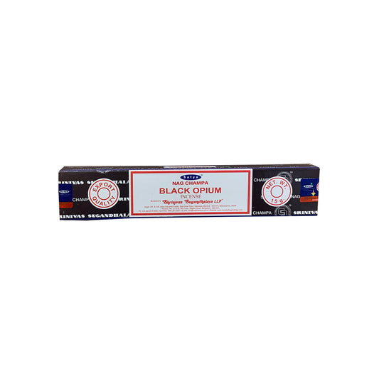 Box of Nag Champa Black Opium incense sticks on a white background