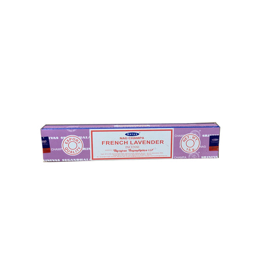 Box of Nag Champa French Lavender incense sticks on a white background