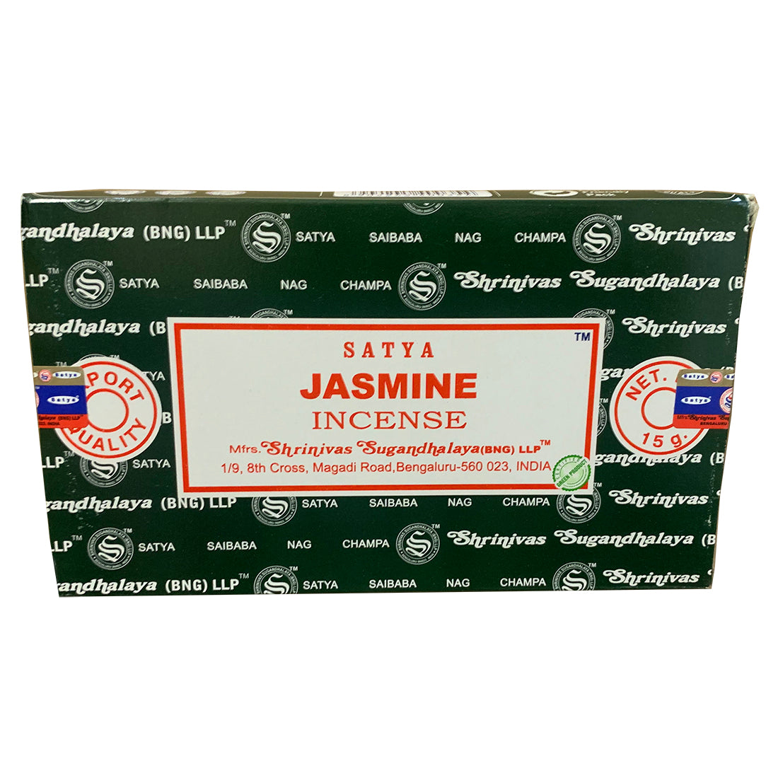 Box of Satya Jasmine Incense with branding on a white background