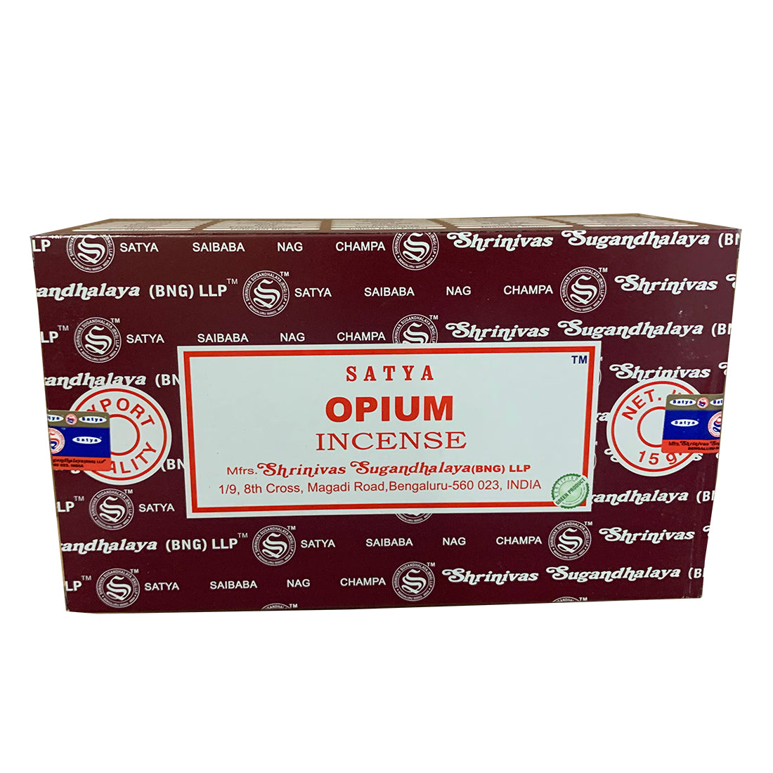 Box of Satya Opium Incense with brand logos on a white background