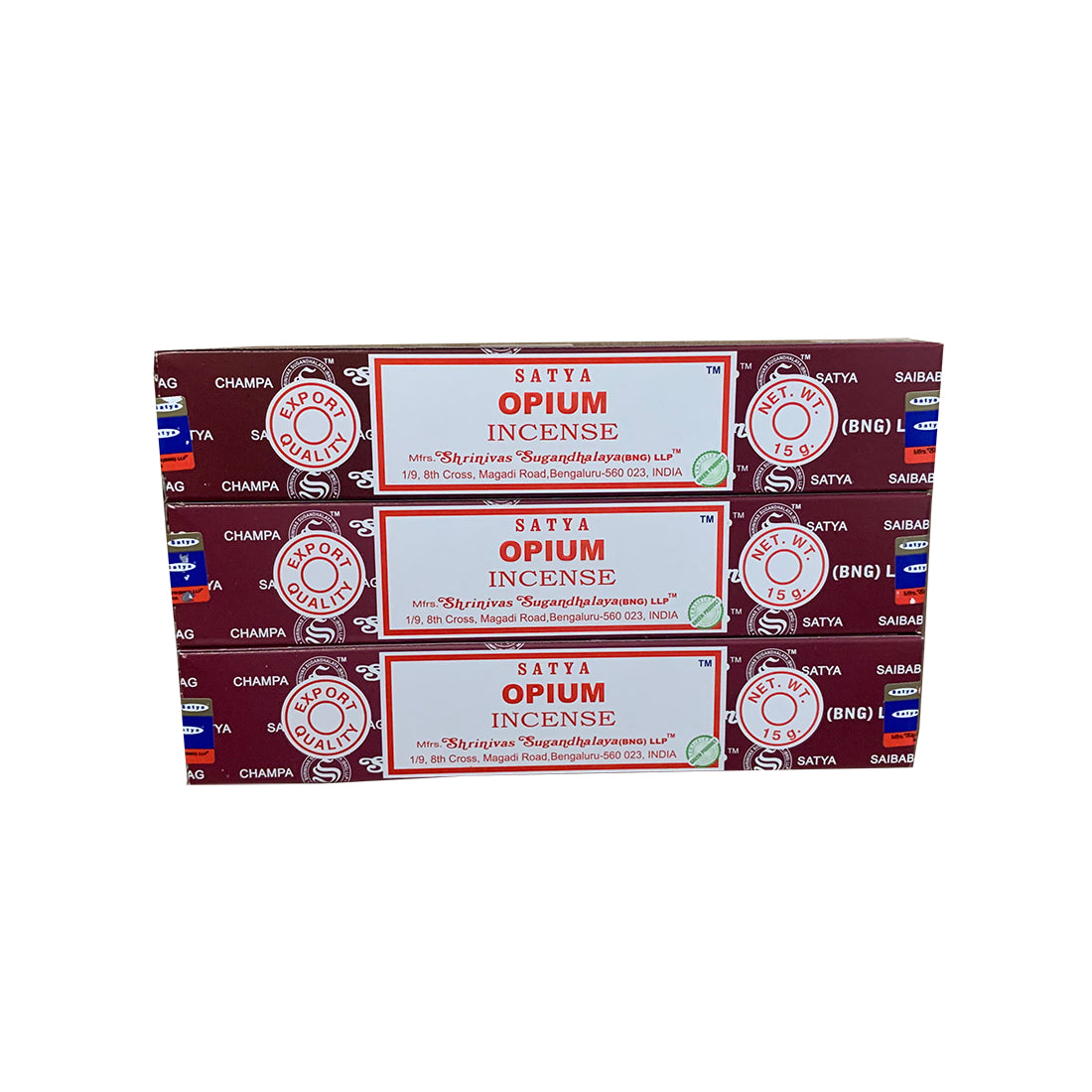 Box of Satya Opium Incense with multiple packages stacked on a white background