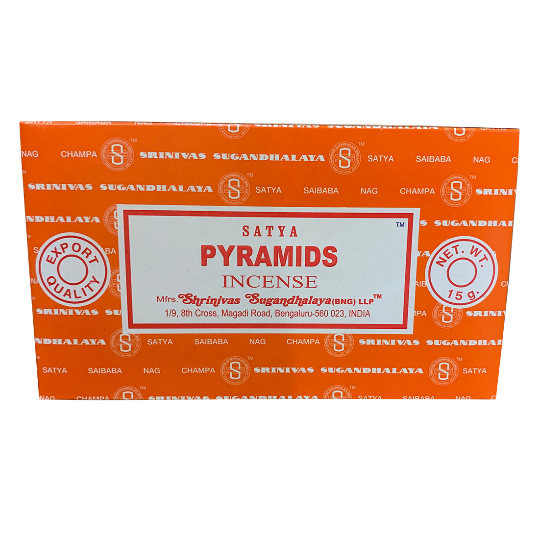 Box of Satya Pyramids Incense with orange and white design