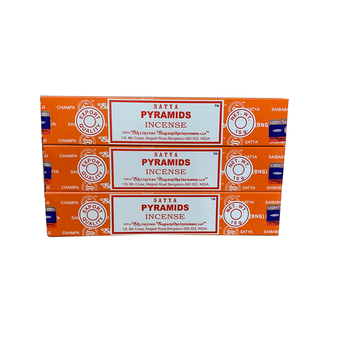 Three boxes of Satya Pyramids Incense stacked on a white background