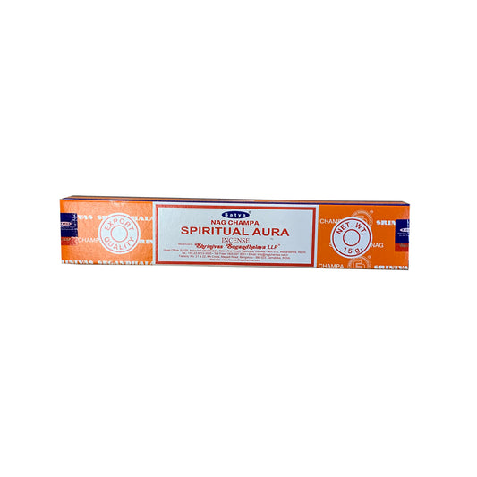 Box of Nag Champa Spiritual Aura incense sticks on a white background
