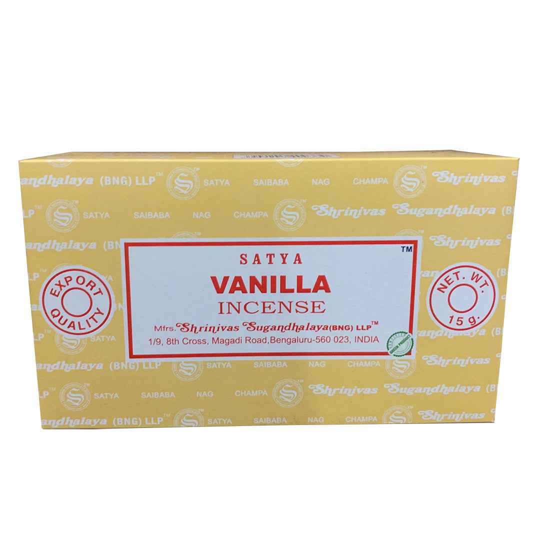 Box of Satya Vanilla Incense with branding and product details on a white background