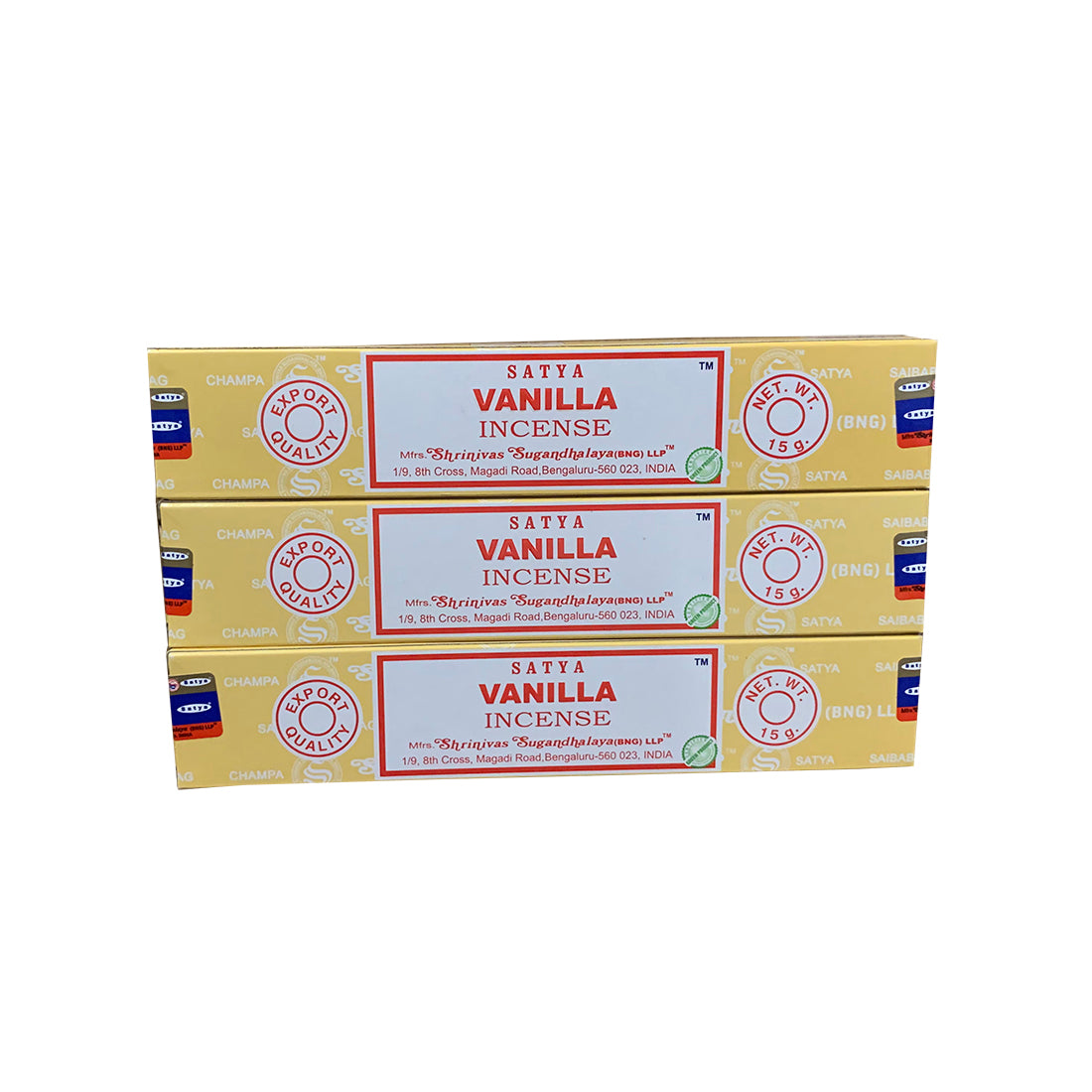 Three boxes of Satya Vanilla Incense on a white background