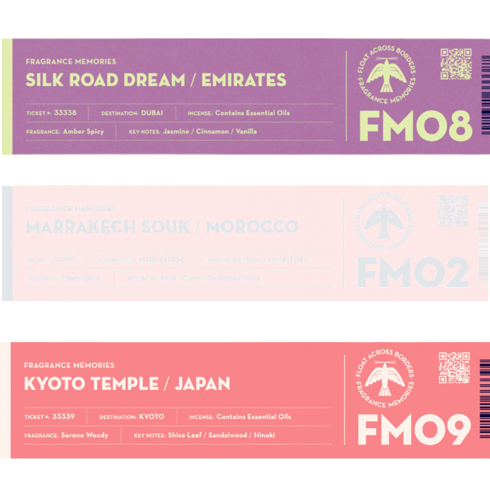 Fragrance Memories Incense Spiritual Journey Set Kyoto Temple, Marrakech Souk, Silk Road Dream