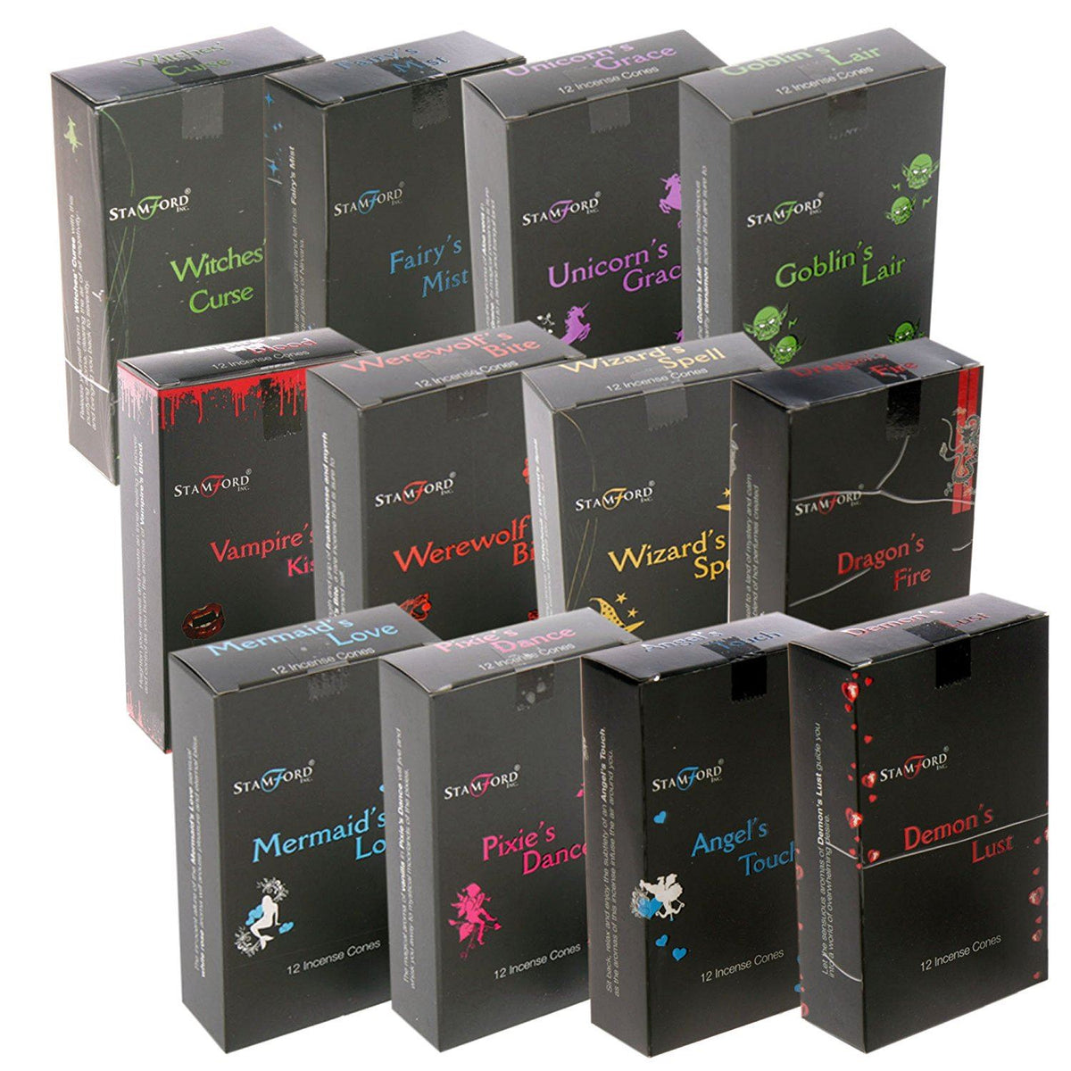Stamford Black Incense Cones 144 (12 Boxes, 12 Cones) Mixed Sampler Pack (MIXED VARIETY BOX)