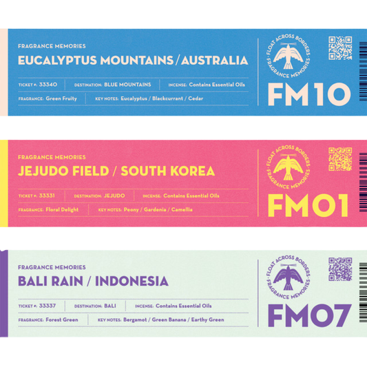 Fragrance Memories Incense Nature Escape Set Eucalyptus Mountains, Bali Rain, Jejudo Field