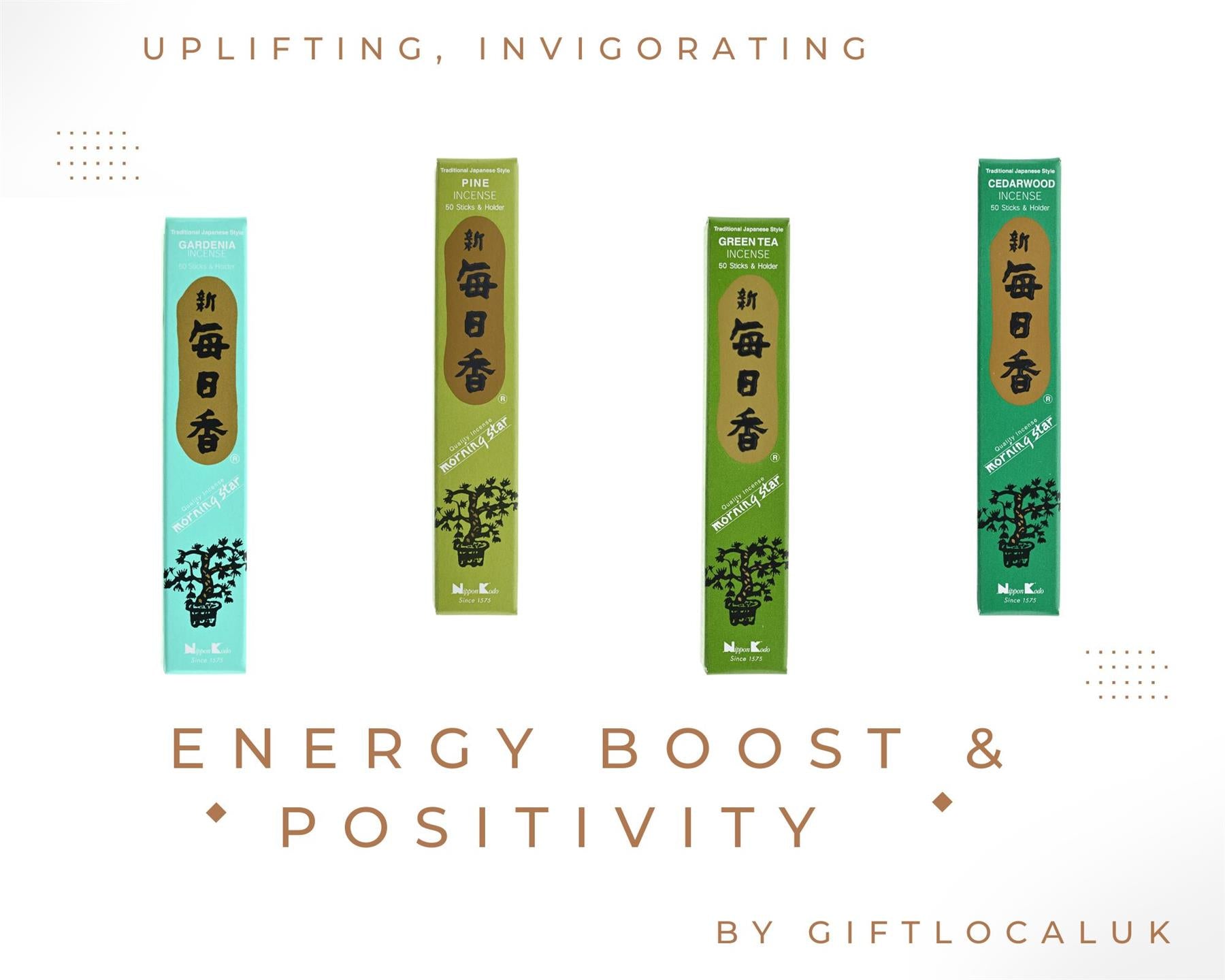Morning Star Japanese incense set with green tea gardenia cedarwood and pine scents low smoke refreshing incense sticks