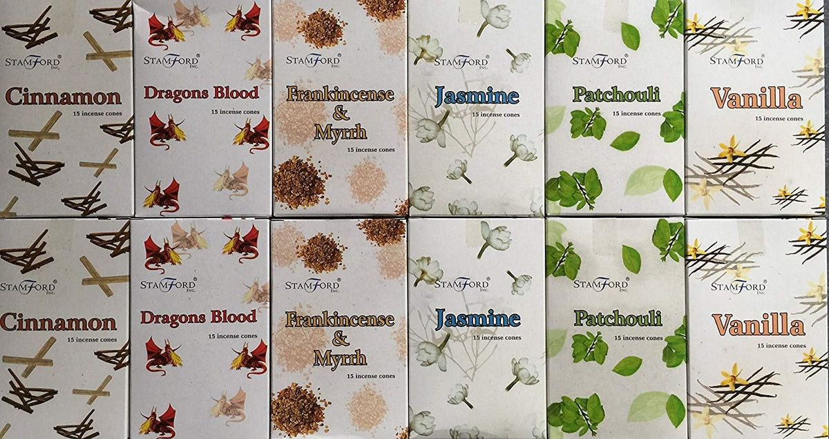 180 mixed Stamford incense cones 6 varieties. 2 x Cinnamon 2 x Dragons Blood 2 x Frankincense & Myrrh 2 x Jasmine 2 x Patchouli 2 x Vanilla. 180 Cones in Total