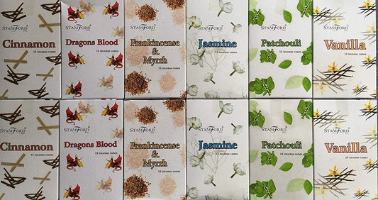 180 mixed Stamford incense cones 6 varieties. 2 x Cinnamon 2 x Dragons Blood 2 x Frankincense & Myrrh 2 x Jasmine 2 x Patchouli 2 x Vanilla. 180 Cones in Total
