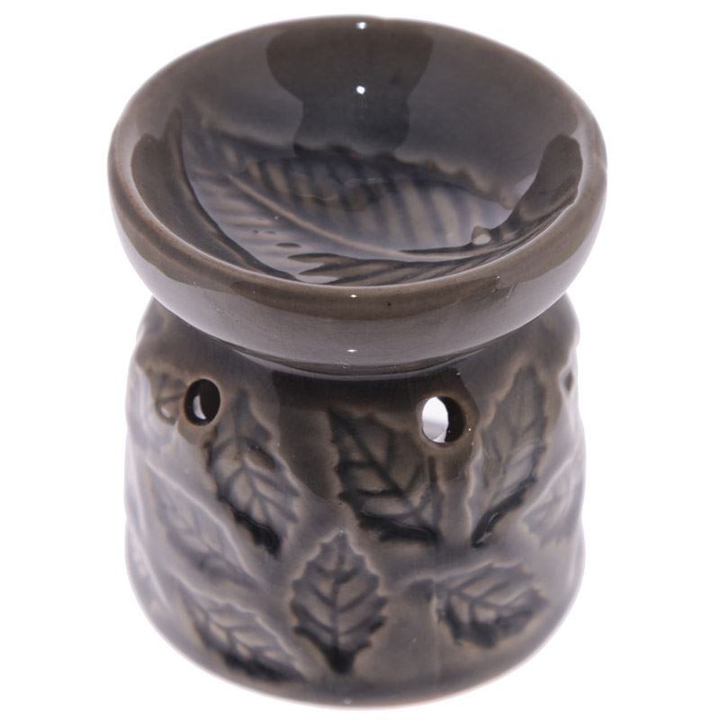 EcoIncense Mini Ceramic Oil Burner Leaf Design Grey OB247 7cm Calm Décor