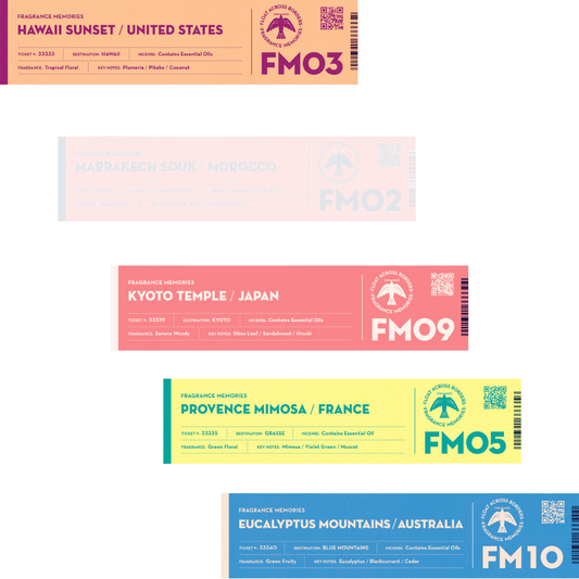 Fragrance Memories Incense World Discovery Set (5)Kyoto Temple, Provence Mimosa, Hawaii Sunset, Marrakech Souk, Eucalyptus Mountains