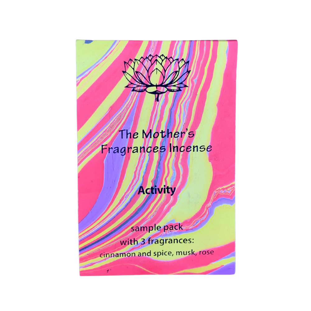 The Mother’s Fragrances Activity Incense Sample Pack with three scents: cinnamon & spice, musk, and rose.
