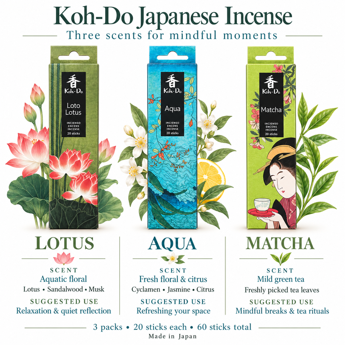 Koh-Do Japanese Garden Incense Set – 3 Packs Eco Incense