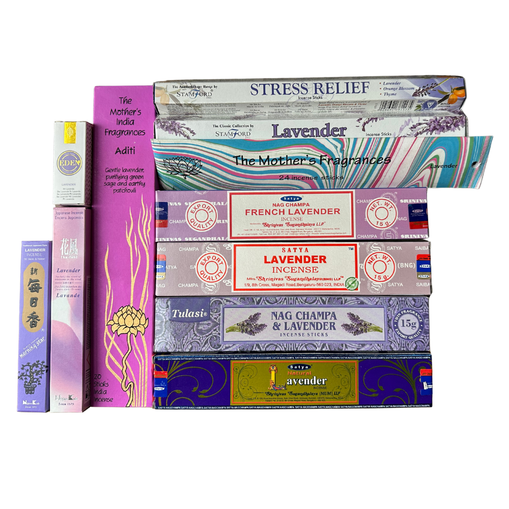 Collection of various incense boxes with different brands and scents on a white background