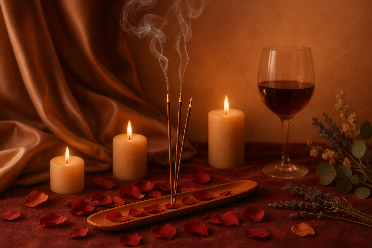 Romantic incense burning beside candlelight and rose petals in a soft, ambient setting. Designed for connection, intimacy, and warmth.