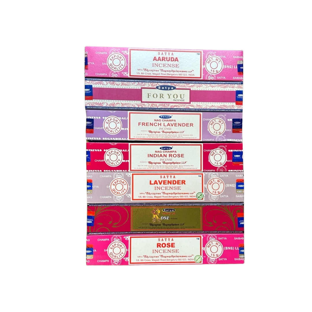 Satya romantic floral incense set with rose and lavender scents arranged as a calming gift bundle