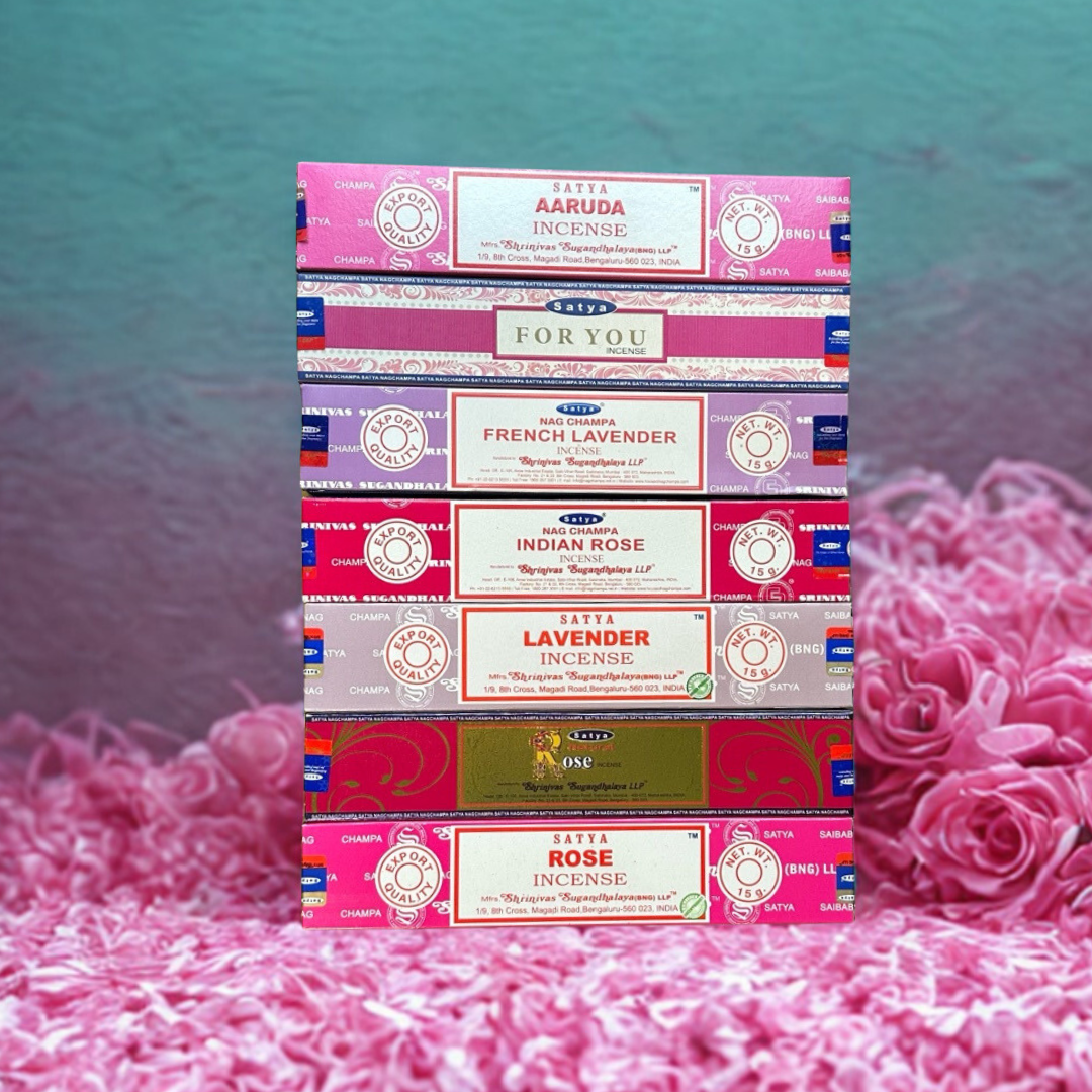 Satya romantic floral incense set with rose and lavender scents arranged as a calming gift bundle