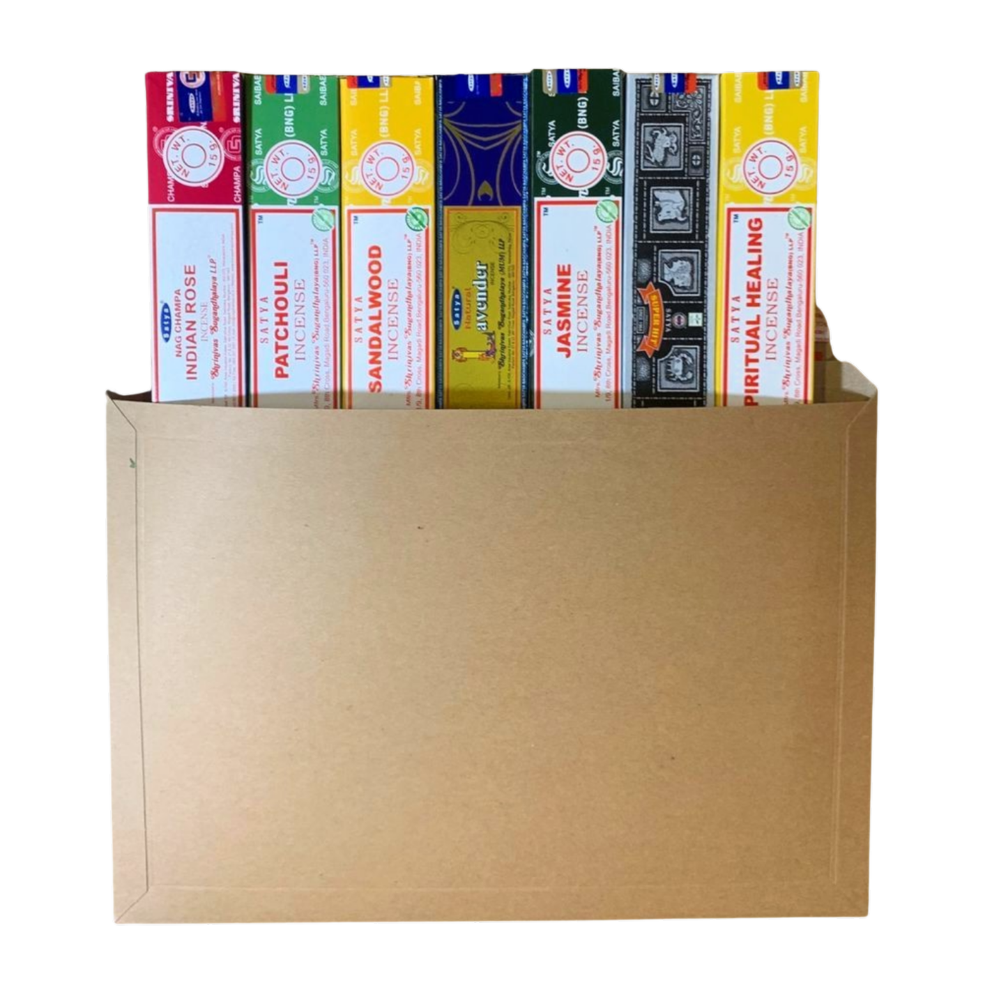 Satya compassion and connection incense set with citronella nag champa lavender palo santo and lemongrass scents in cardboard