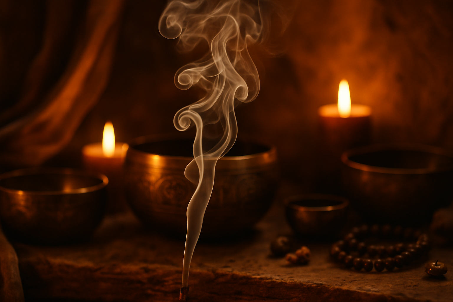 Spiritual incense burning in a dim, sacred space with gentle smoke and candlelight. Designed for rituals, reflection, and meditation.