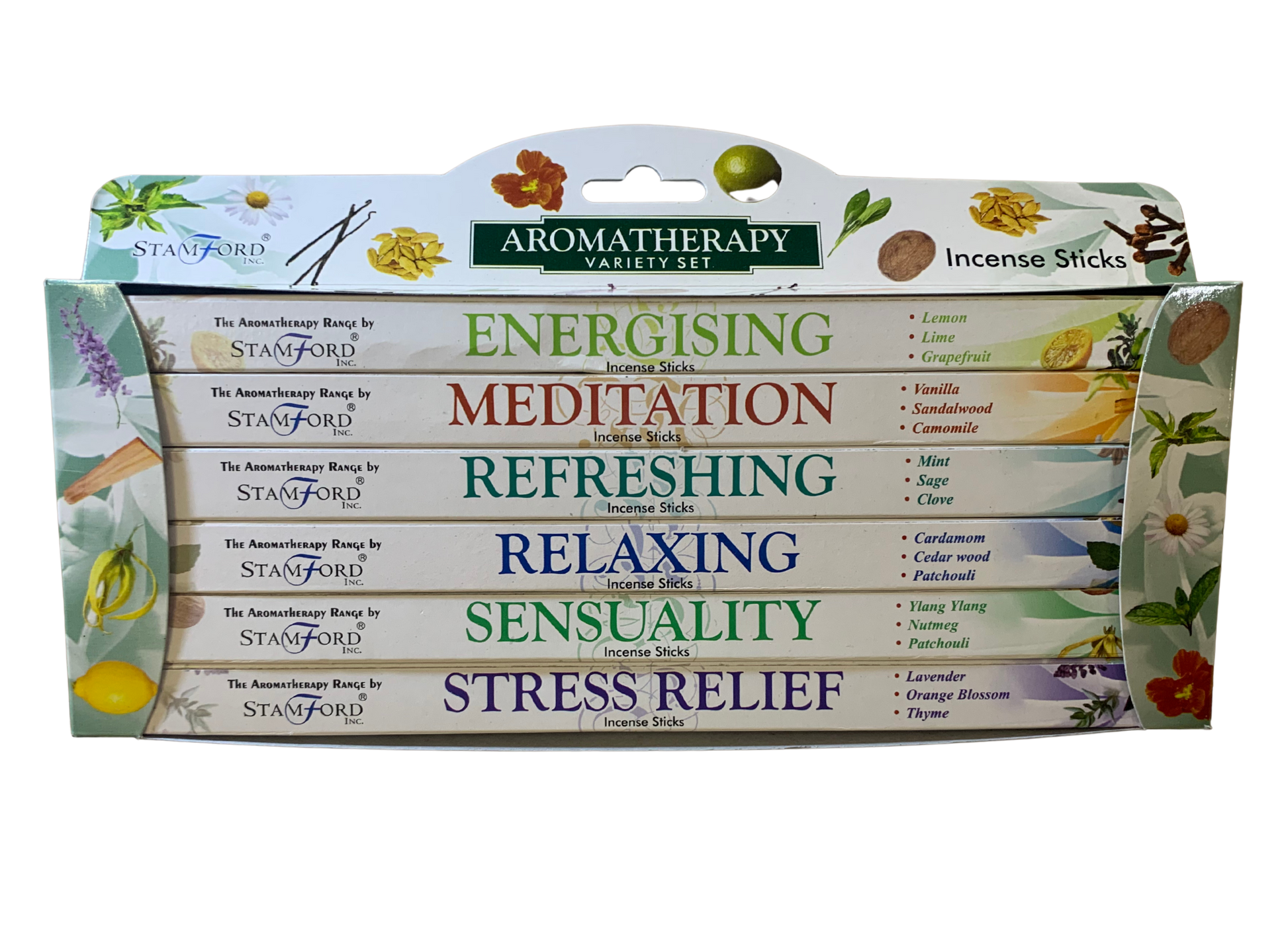 Stamford Aromatherapy Incense Gift Pack – 6 scents (Meditation, Energising, Sensuality, Refreshing, Stress Relief, Relaxing) – 6×8 sticks
