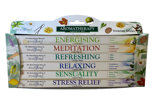 Stamford Aromatherapy Incense Gift Pack – 6 scents (Meditation, Energising, Sensuality, Refreshing, Stress Relief, Relaxing) – 6×8 sticks
