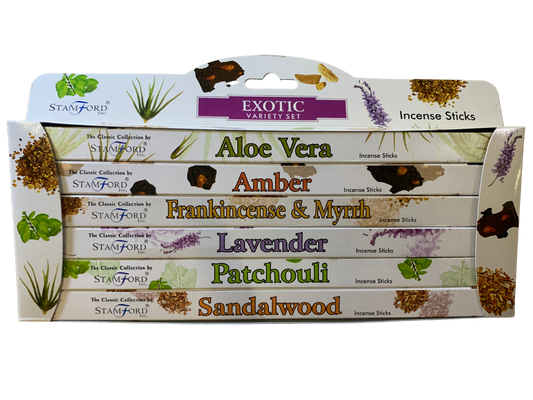 Stamford Exotic Incense Gift Set – 6 assorted scents (Patchouli, Aloe Vera, Amber, Lavender, Sandalwood, Frankincense & Myrrh) – 6×8 sticks
