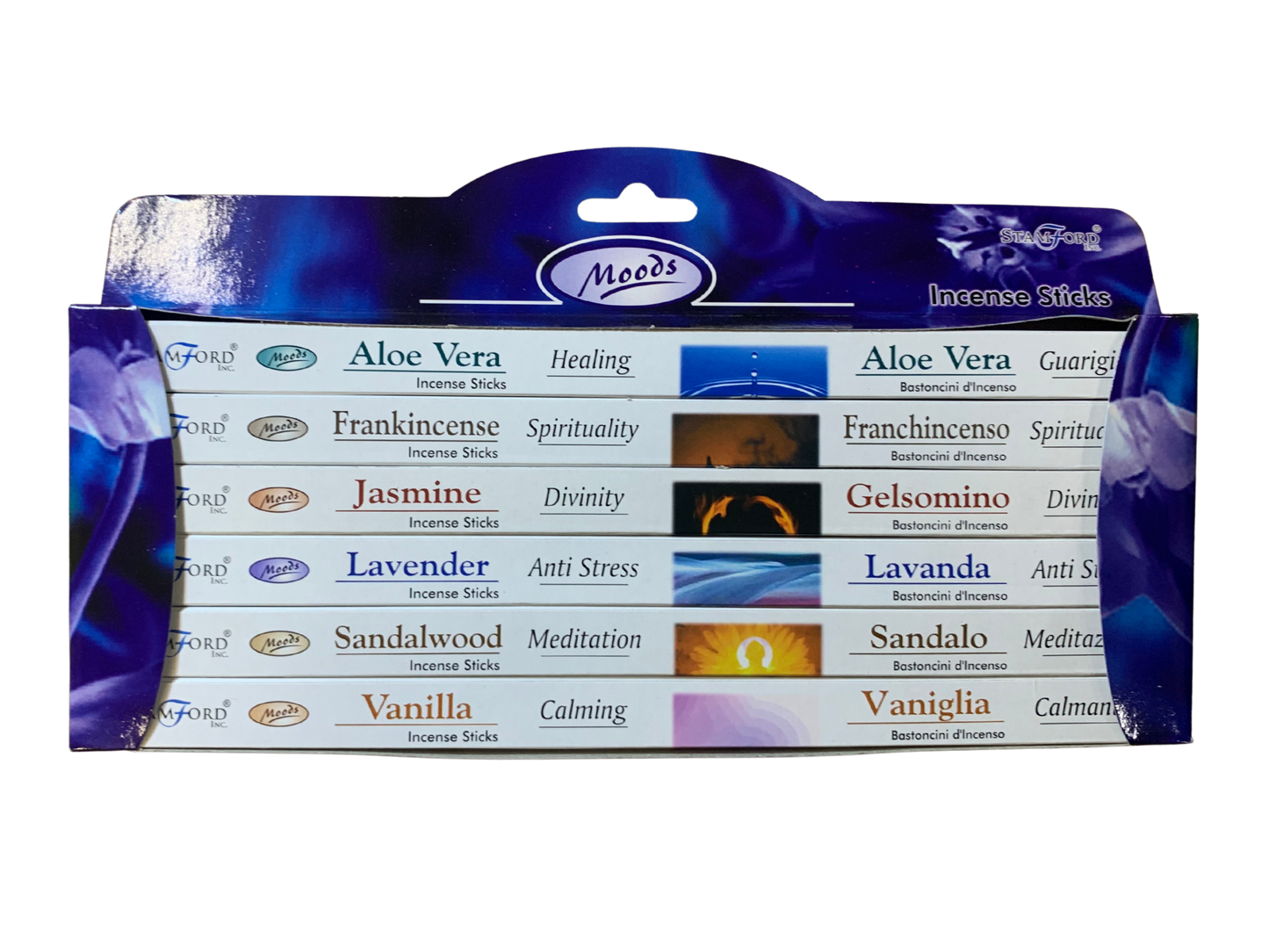 Stamford Moods Incense Gift Pack – 6 assorted scents (Aloe Vera, Frankincense, Jasmine, Lavender, Sandalwood, Vanilla) – 6×8 sticks
