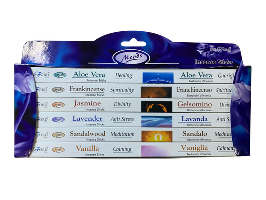 Stamford Moods Incense Gift Pack – 6 assorted scents (Aloe Vera, Frankincense, Jasmine, Lavender, Sandalwood, Vanilla) – 6×8 sticks
