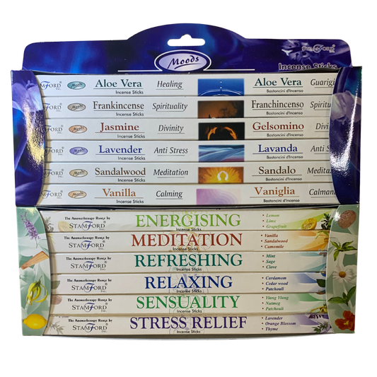 Stamford Value Gift Set of 96 – Moods & Aromatherapy incense (Aloe Vera, Frankincense, Jasmine, Lavender, Sandalwood, Vanilla, Meditation, Energising, Sensuality, Refreshing, Stress Relief, Relax)
