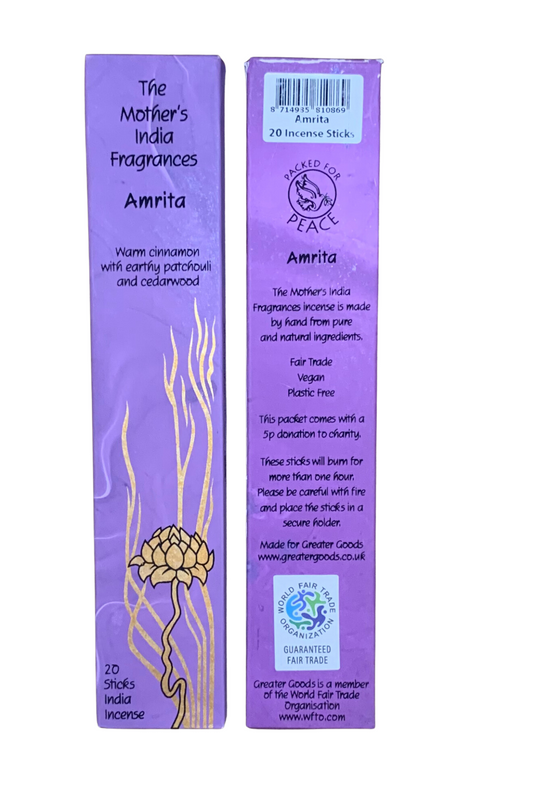 Mother's India Amrita Incense - Cinnamon, Patchouli & Cedarwood Blend (20 Sticks) Fair Trade