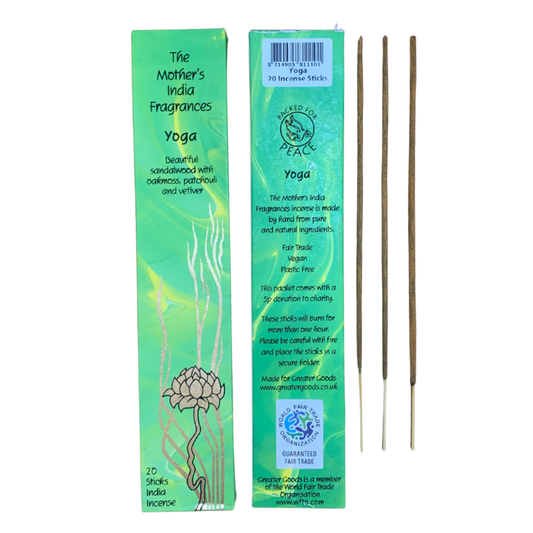 Mother's India Yoga Incense - Sandalwood, Patchouli & Vetiver Blend (20 Sticks) Fair Trade