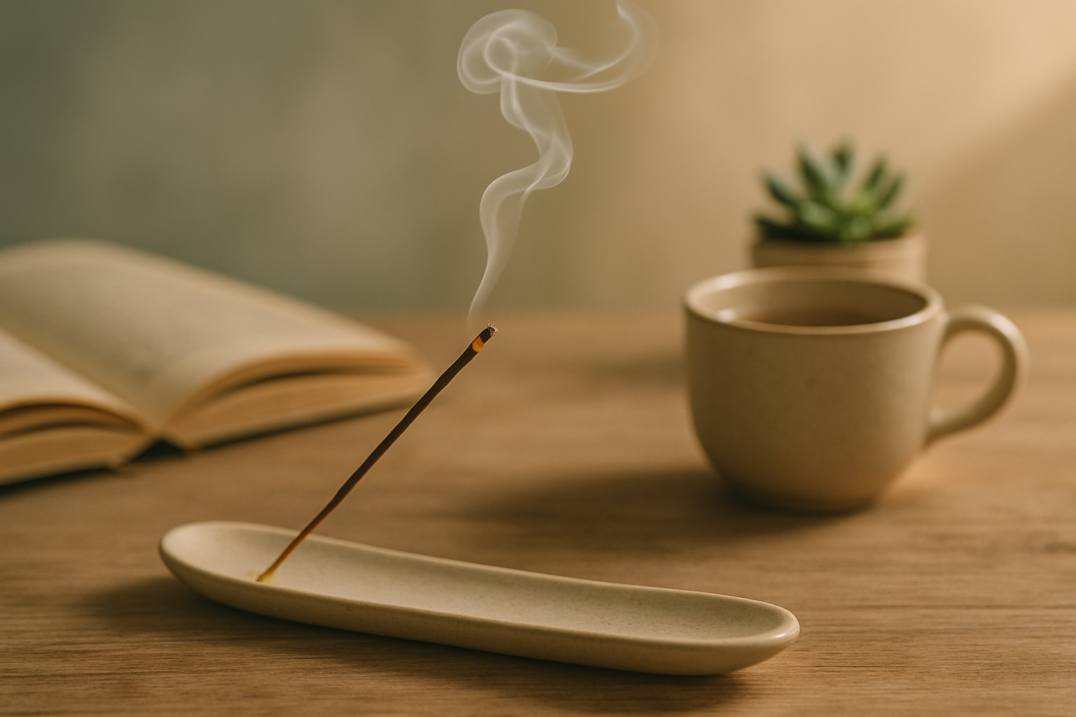 Calming incense burning beside a cup of tea and green plant. Neutral background. Soft smoke. Peaceful, eco-conscious atmosphere.