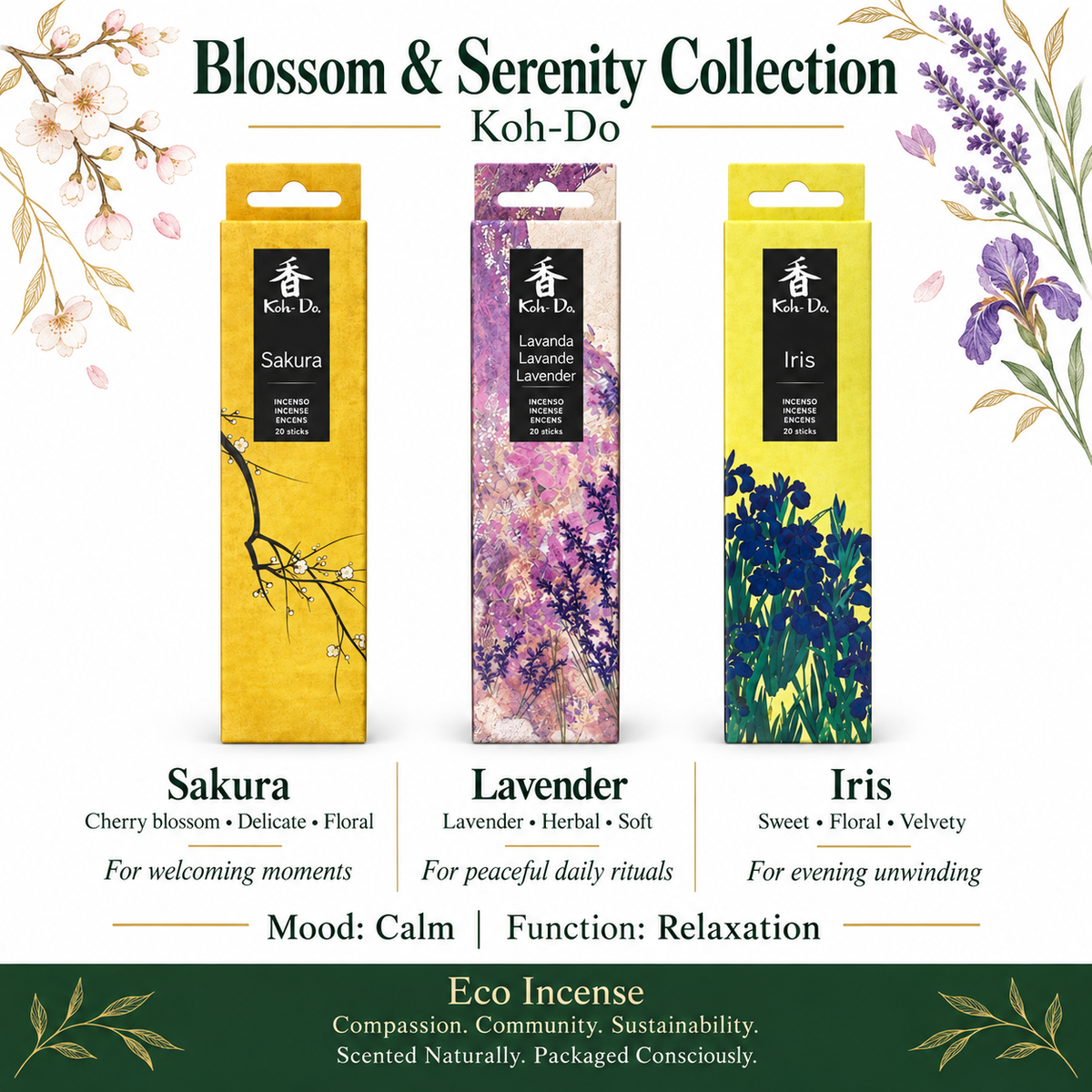 Koh-Do Bloosom and serenrity Calm Evening Incense Set – 3 Packs (Lavender · Iris · Sakura)
